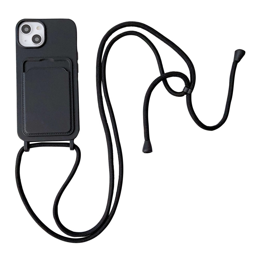 iPhone 14 Siliconen hoesje met Cardslot + Halsband zwart