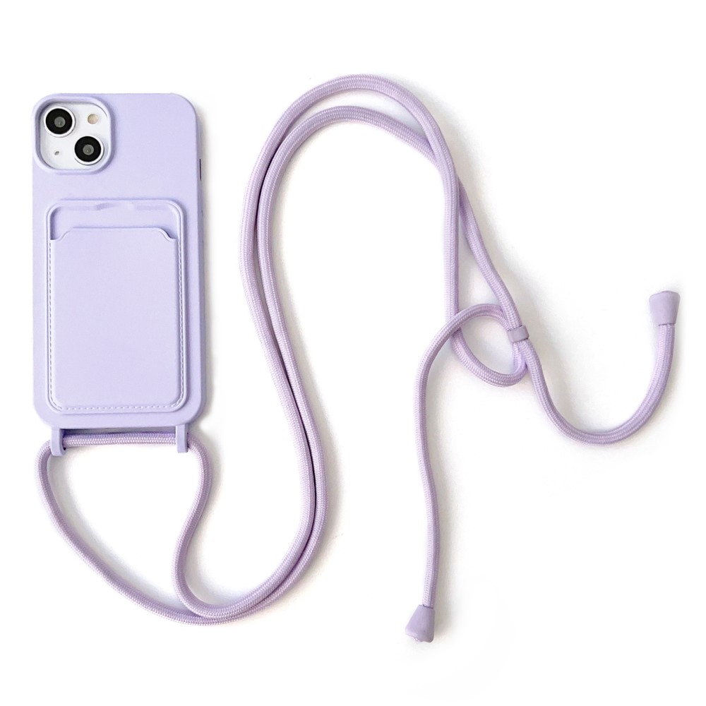 iPhone 14 Siliconen hoesje met Cardslot + Halsband paars
