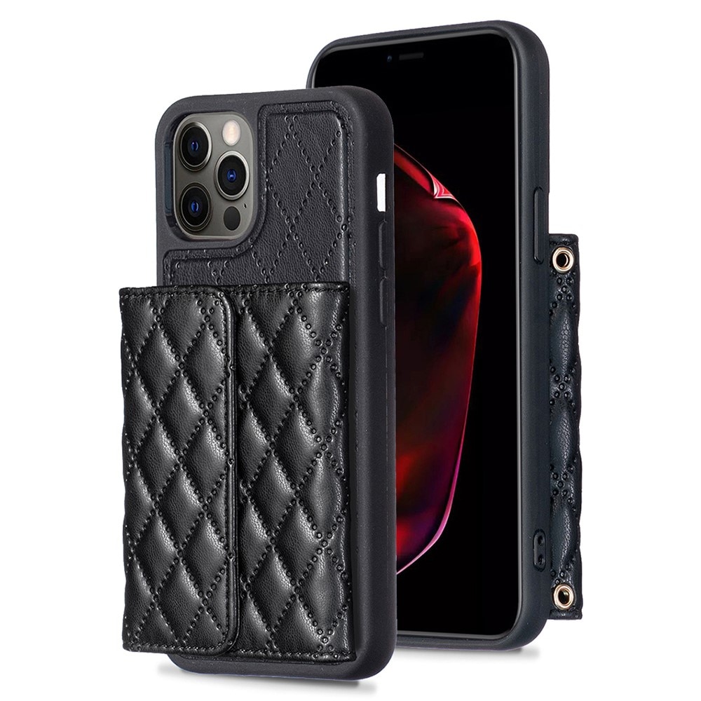 iPhone 12/12 Pro Portemonnee hoesje met zijvak Quilted zwart