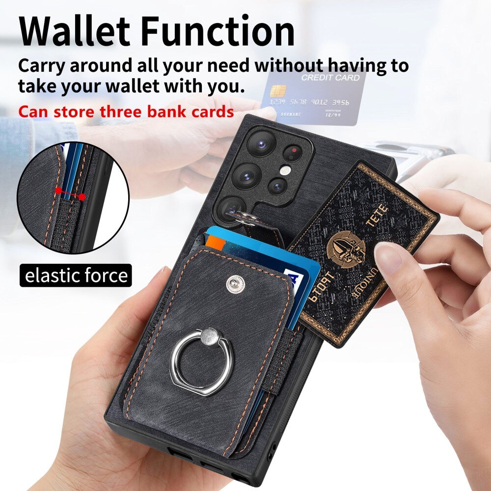 Samsung Galaxy S23 Ultra RFID blocking Portemonnee hoesje + Finger Ring zwart