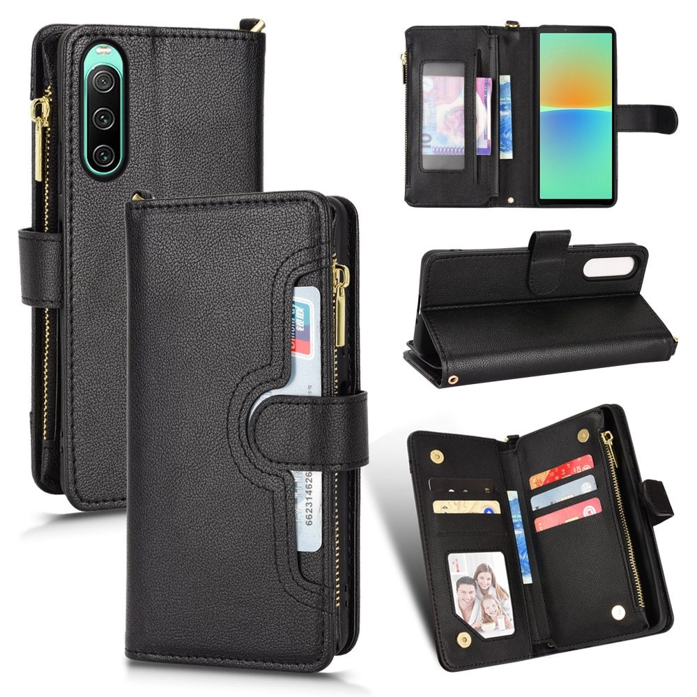 Sony Xperia 10 V Leren Bookcover hoesje Multi-Slot Rits zwart