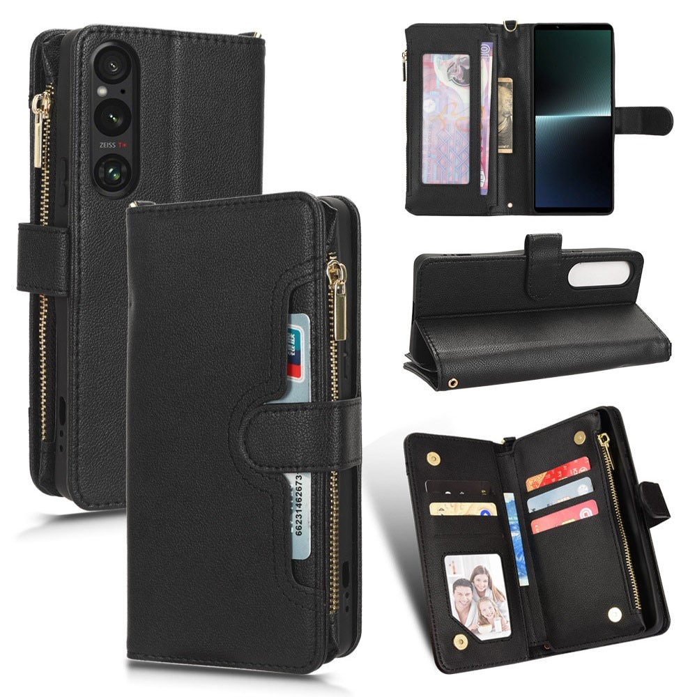 Sony Xperia 1 V Leren Bookcover hoesje Multi-Slot Rits zwart