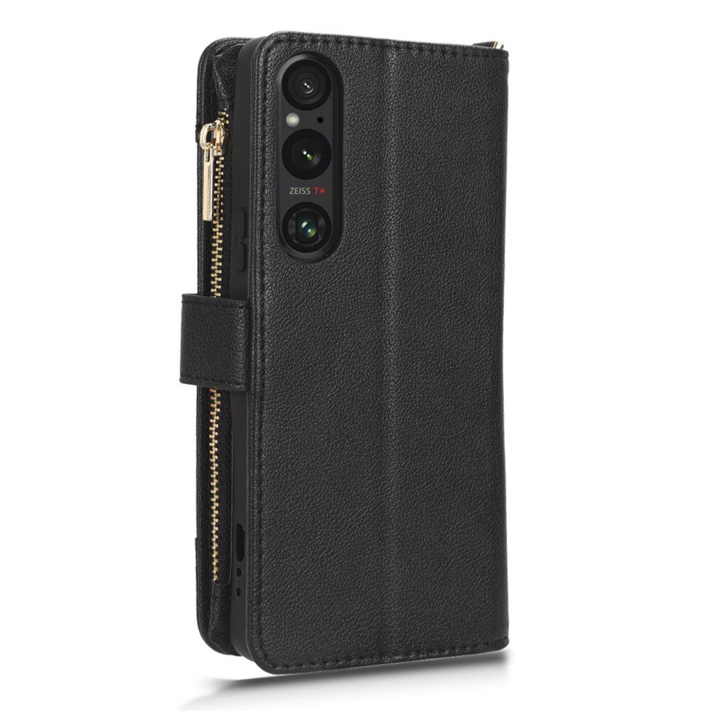 Sony Xperia 1 V Leren Bookcover hoesje Multi-Slot Rits zwart