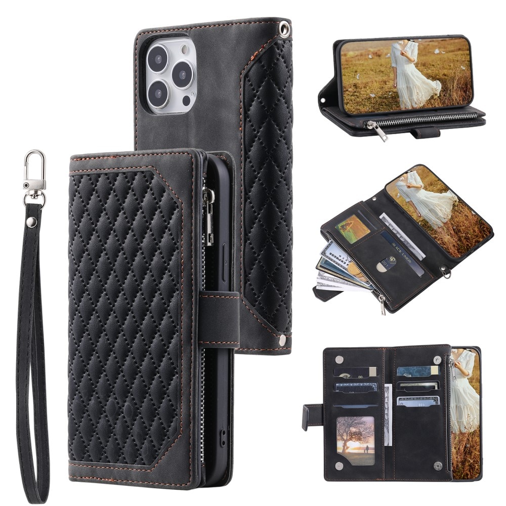 iPhone 15 Pro Portemonnee tas Quilted zwart