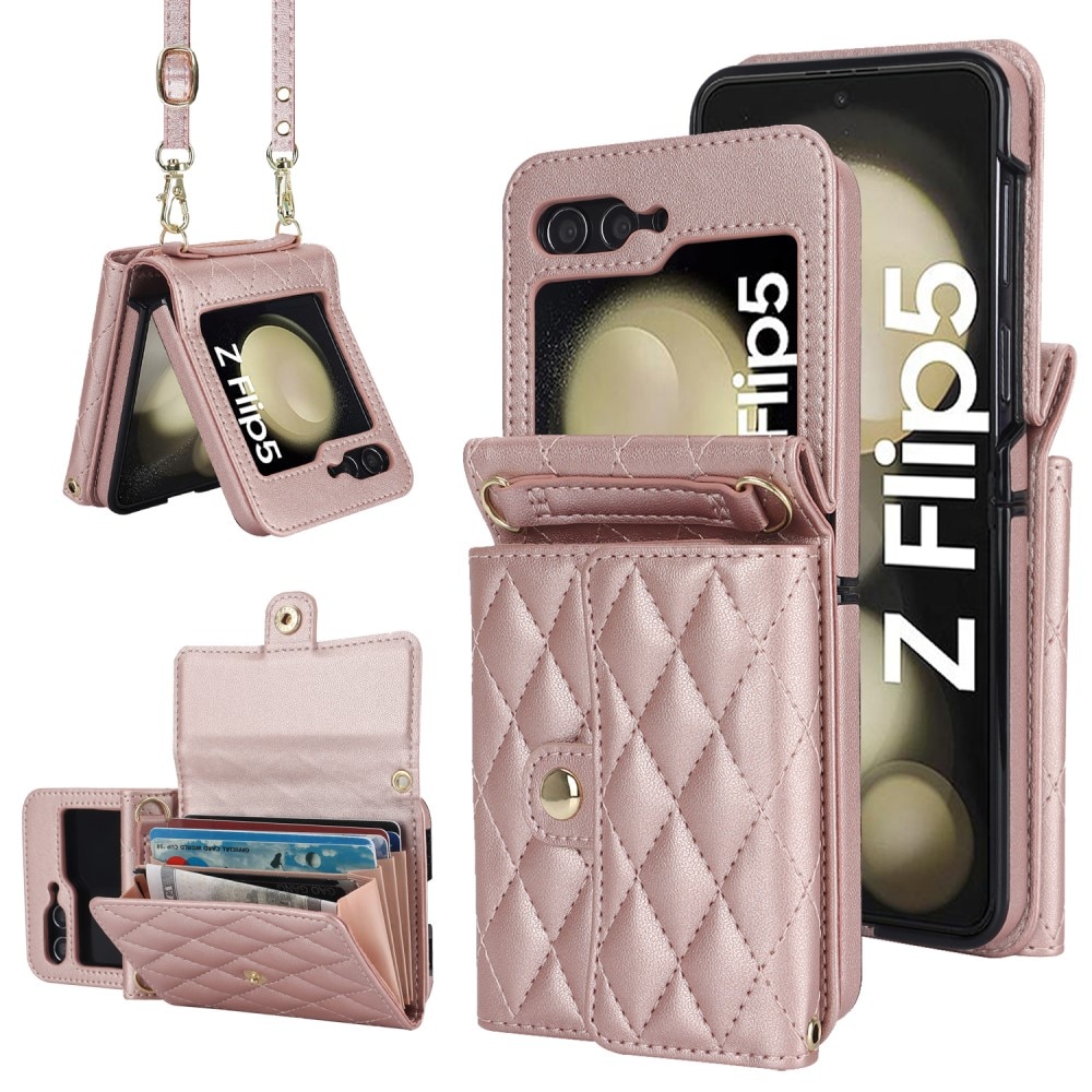 Samsung Galaxy Z Flip 5 RFID blocking Portemonnee tas Quilted rosé goud