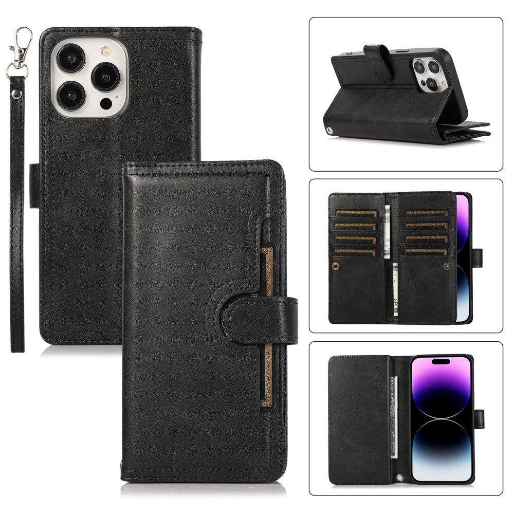 iPhone 15 Pro Leren Bookcover hoesje Multi-Slot Rits zwart