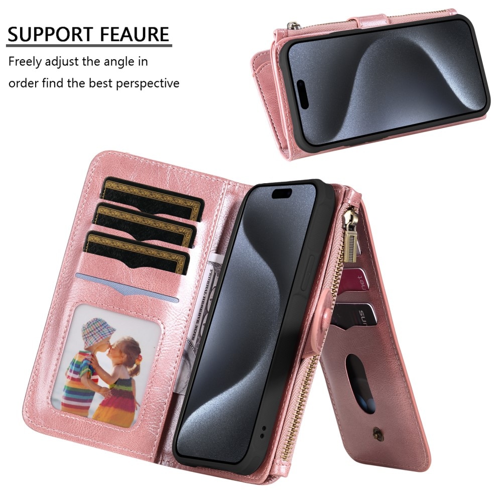 iPhone 15 Pro Magnet Leather Multi-Wallet roze