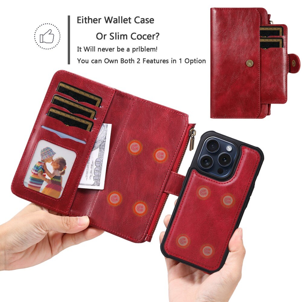 iPhone 15 Pro Magnet Leather Multi-Wallet rood