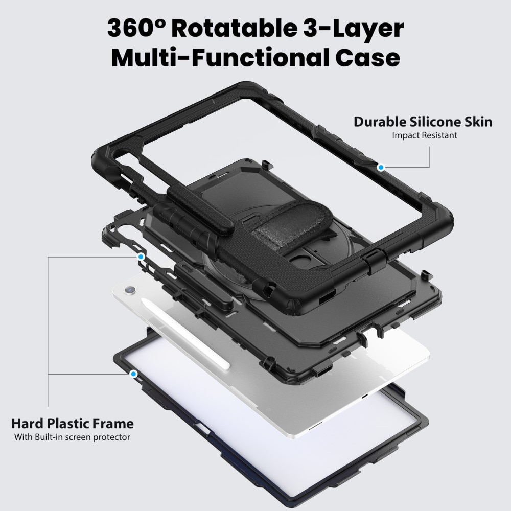Samsung Galaxy Tab S10 FE Plus Schokbestendige Full Protection Hybridcase met schouderriem zwart
