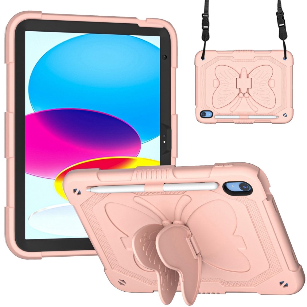 iPad 10.9 2022 (10th gen) Vlinders Hybridcase met schouderriem roze