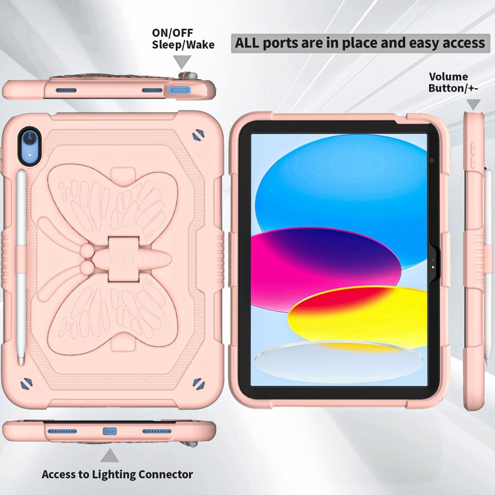 iPad 10.9 10th Gen (2022) Vlinders Hybridcase met schouderriem roze