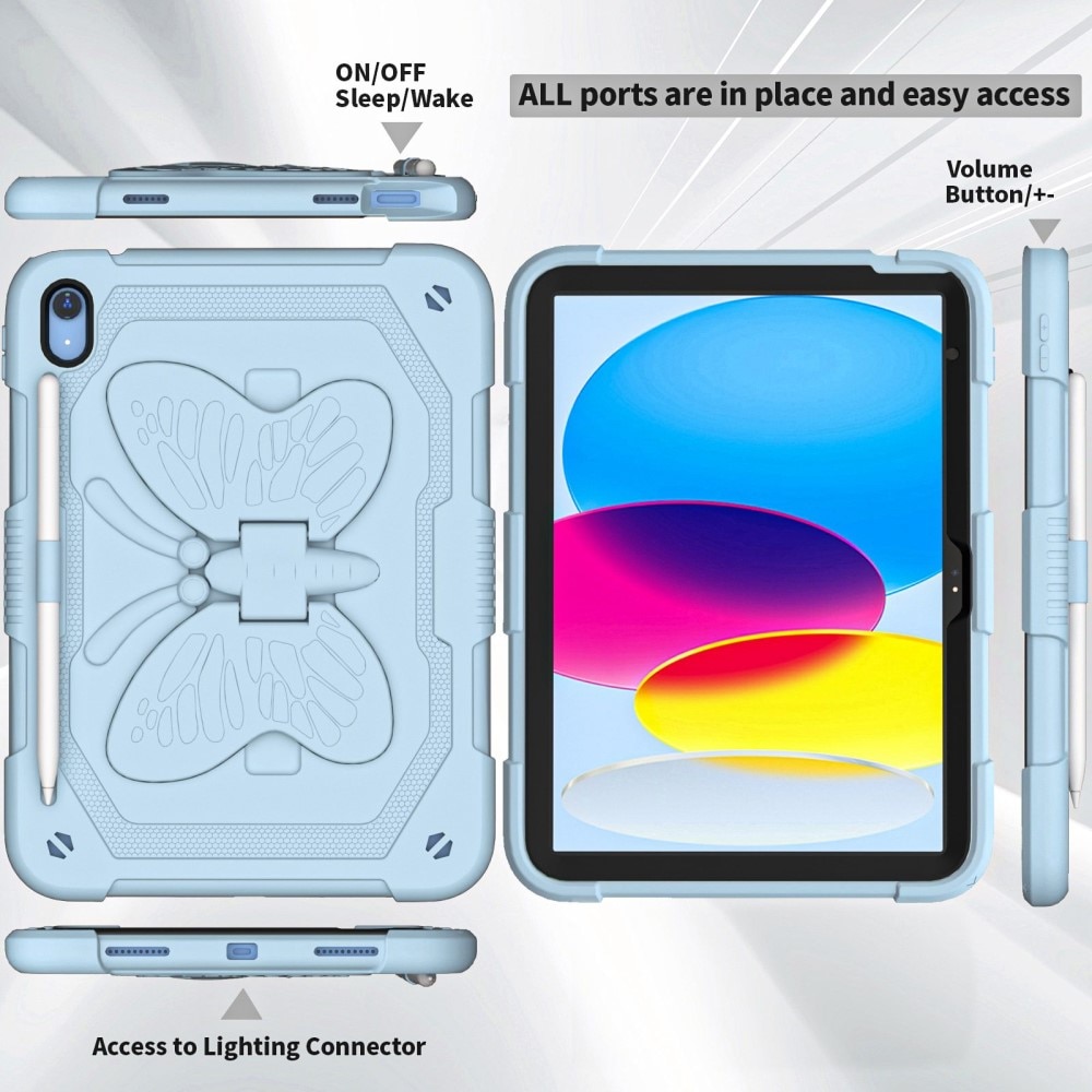 iPad 10.9 10th Gen (2022) Vlinders Hybridcase met schouderriem blauw