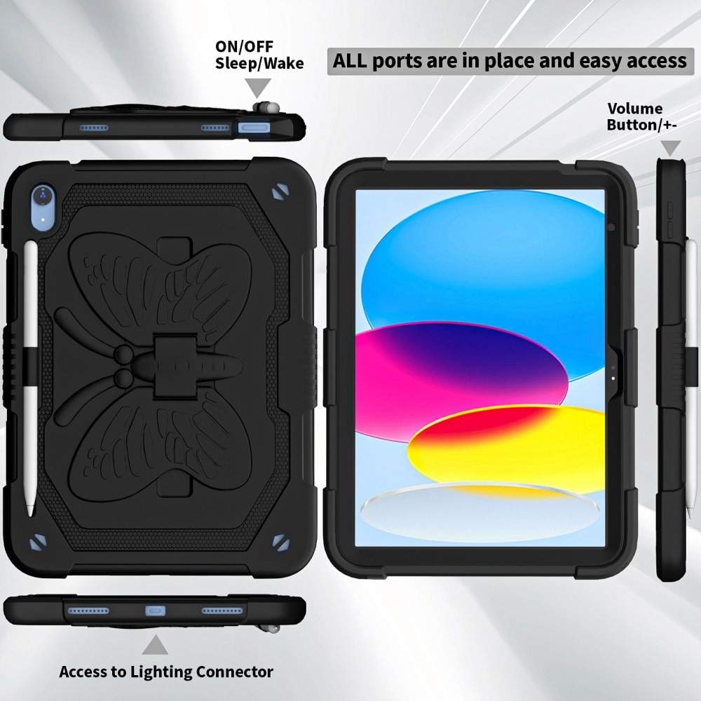 iPad 10.9 10th Gen (2022) Vlinders Hybridcase met schouderriem zwart