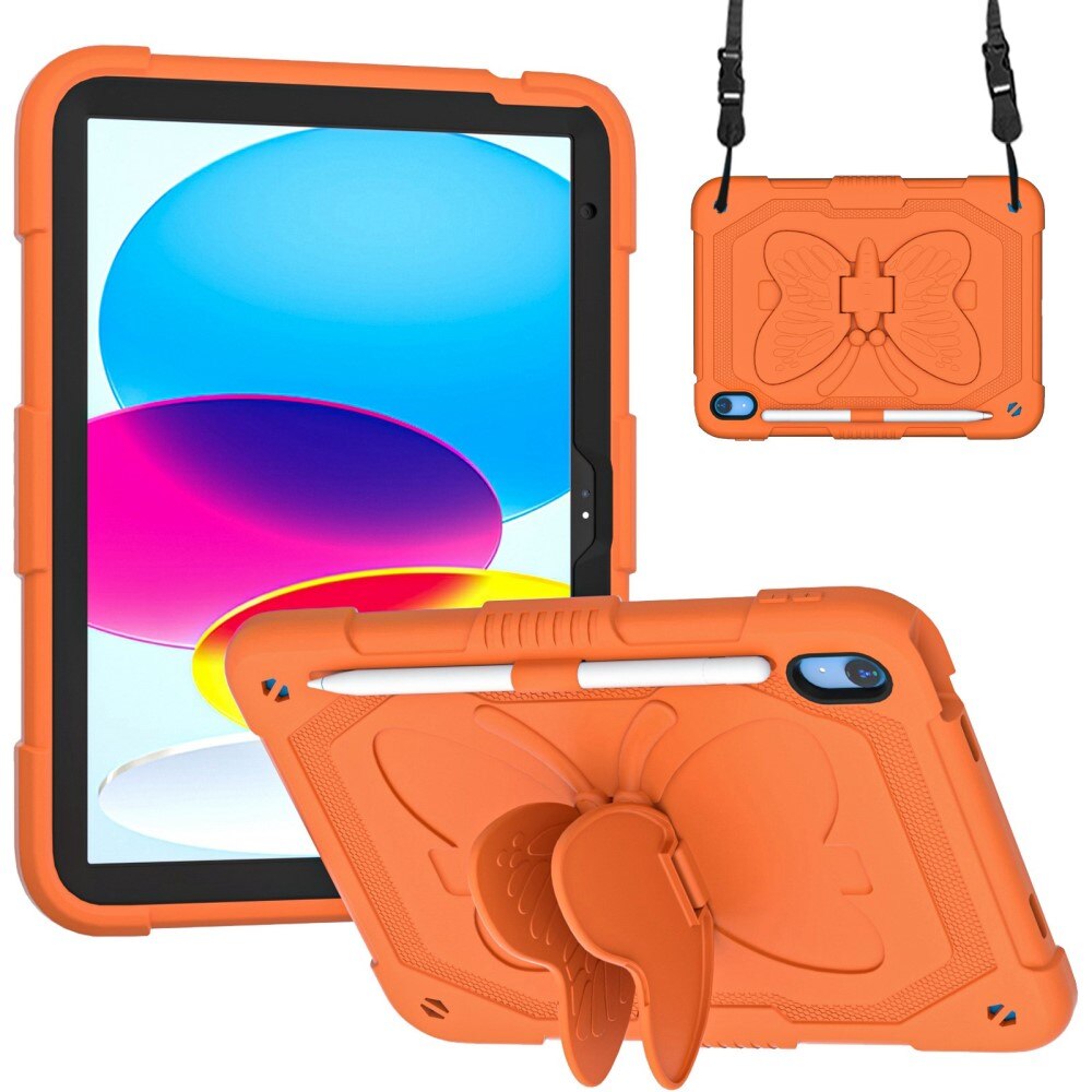 iPad 10.9 10th Gen (2022) Vlinders Hybridcase met schouderriem oranje