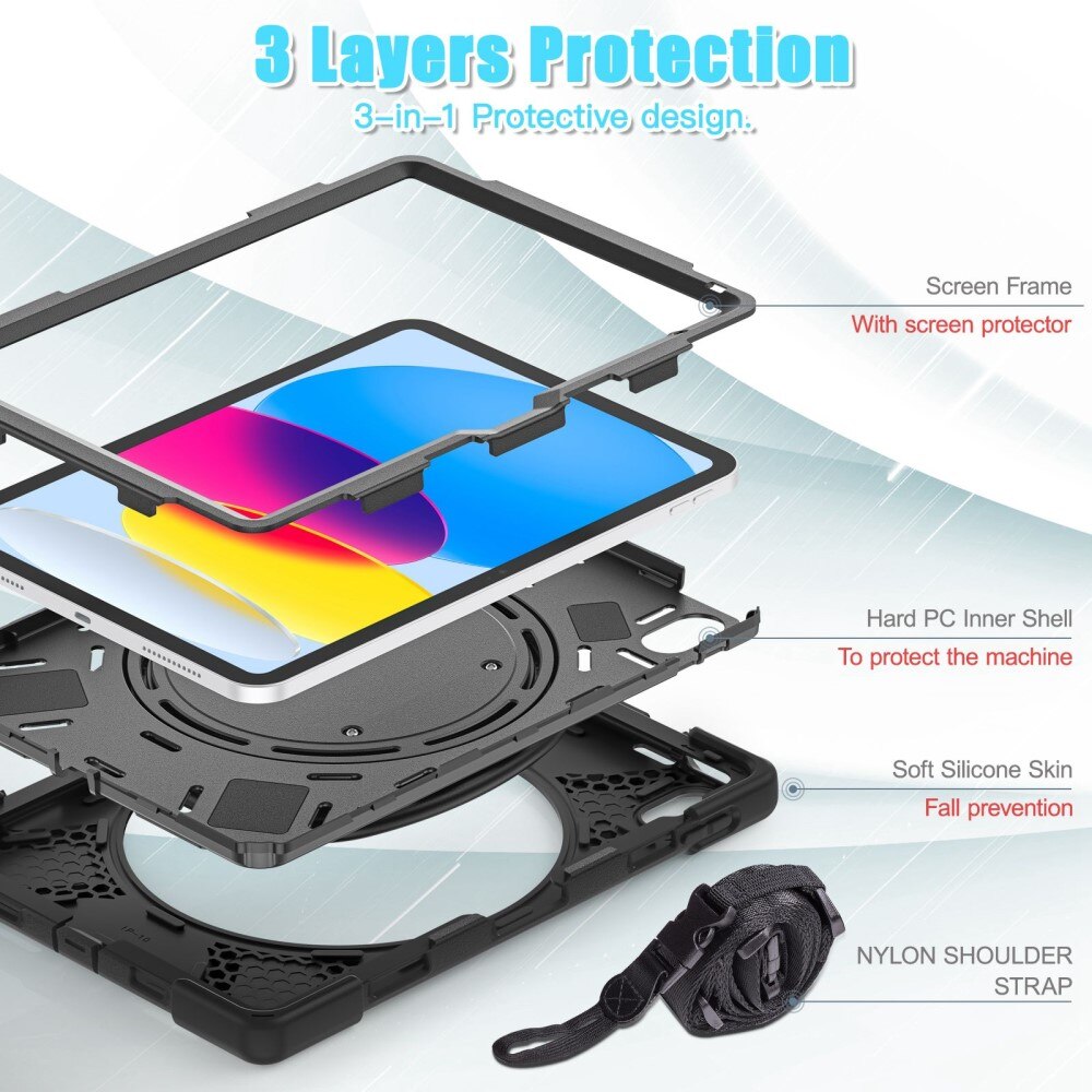 iPad 10.9 10th Gen (2022) Hybridcase met Kickstand en schouderband zwart