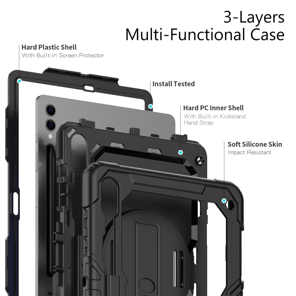 Samsung Galaxy Tab S9 Plus Schokbestendige Full Protection Hybridcase met schouderriem zwart