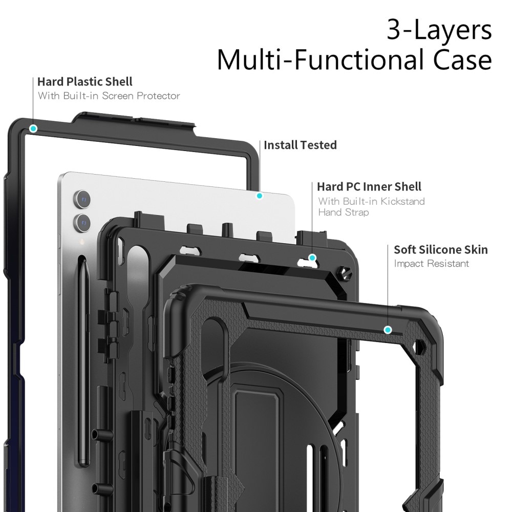 Samsung Galaxy Tab S9 Ultra Schokbestendige Full Protection Hybridcase met schouderriem zwart