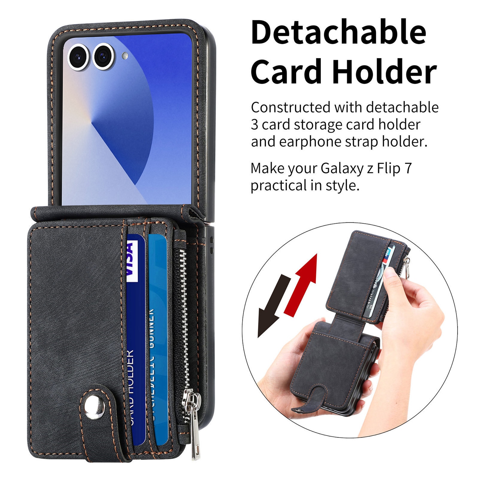 Samsung Galaxy Z Flip 7 Bookcover hoesje Multi-Slot Rits Zwart