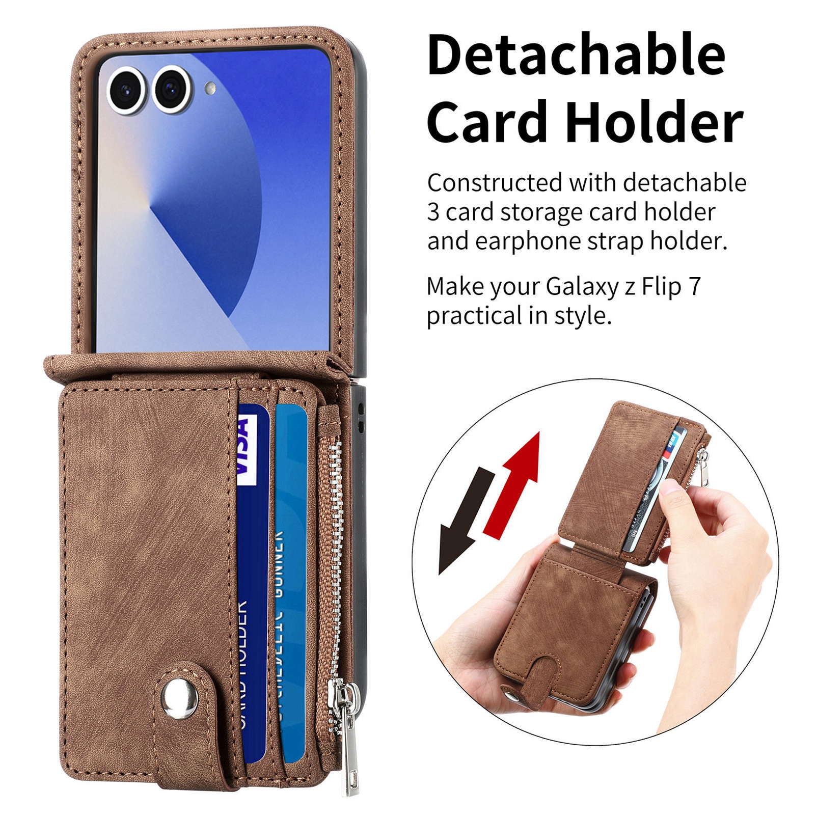 Samsung Galaxy Z Flip 7 Bookcover hoesje Multi-Slot Rits Bruin
