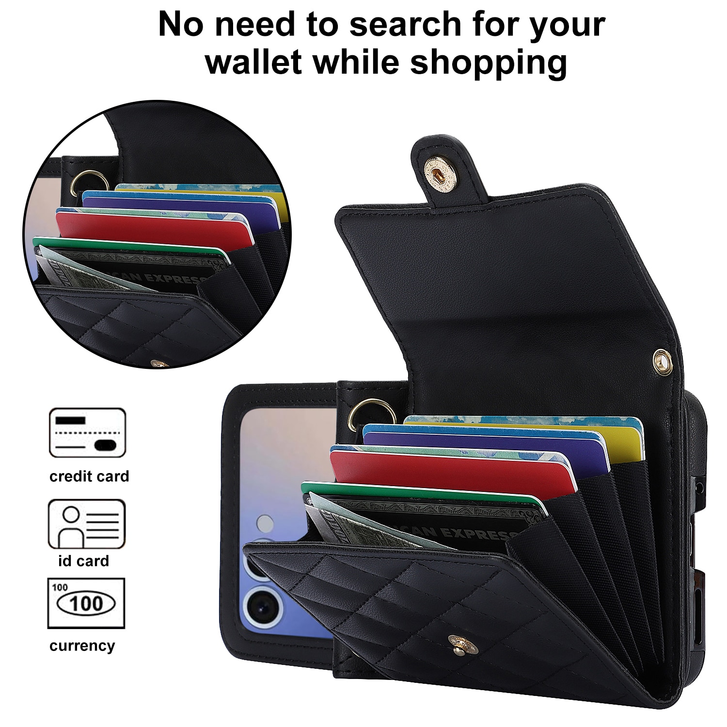 Samsung Galaxy Z Flip 7 RFID blocking Portemonnee tas Quilted Zwart
