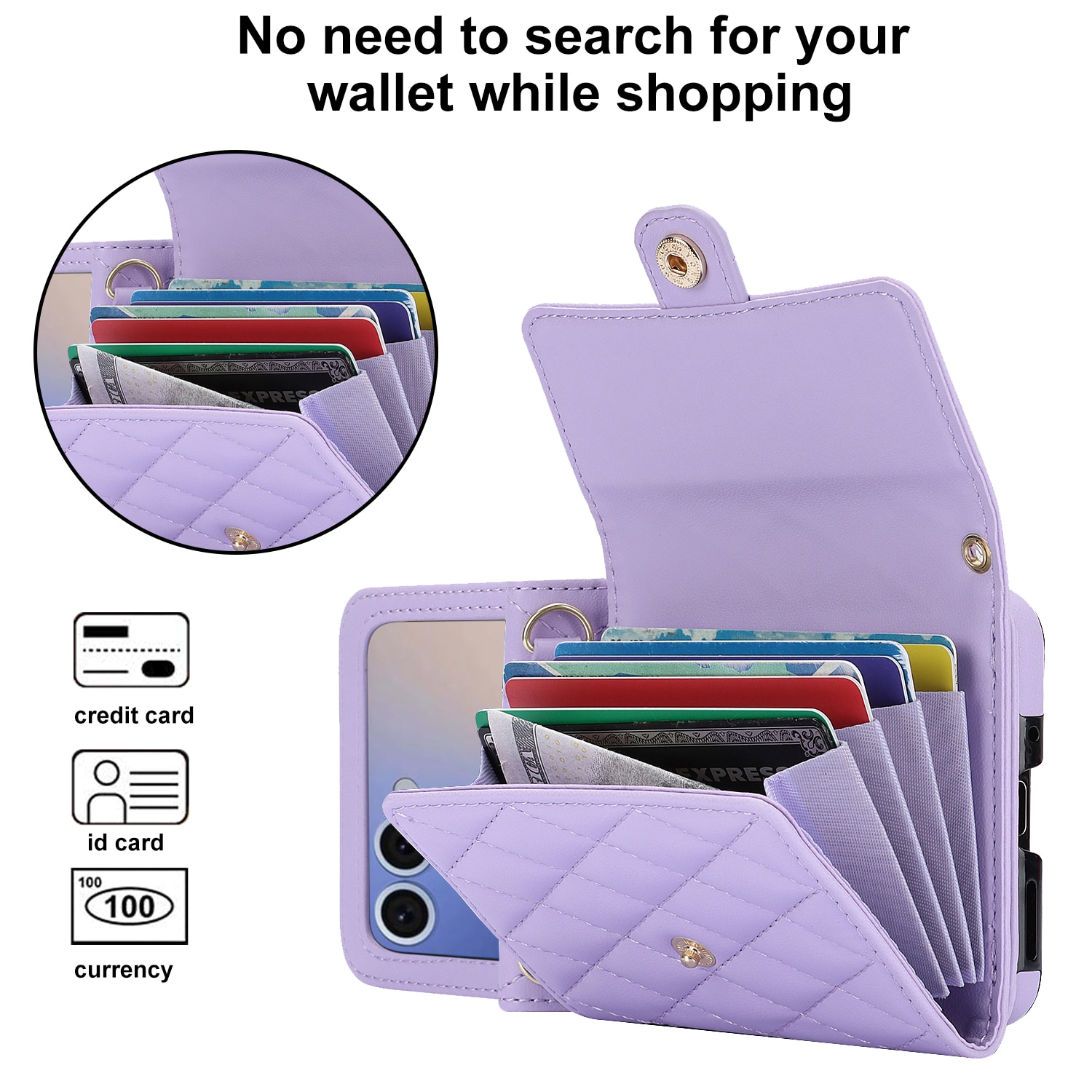 Samsung Galaxy Z Flip 7 RFID blocking Portemonnee tas Quilted Paars