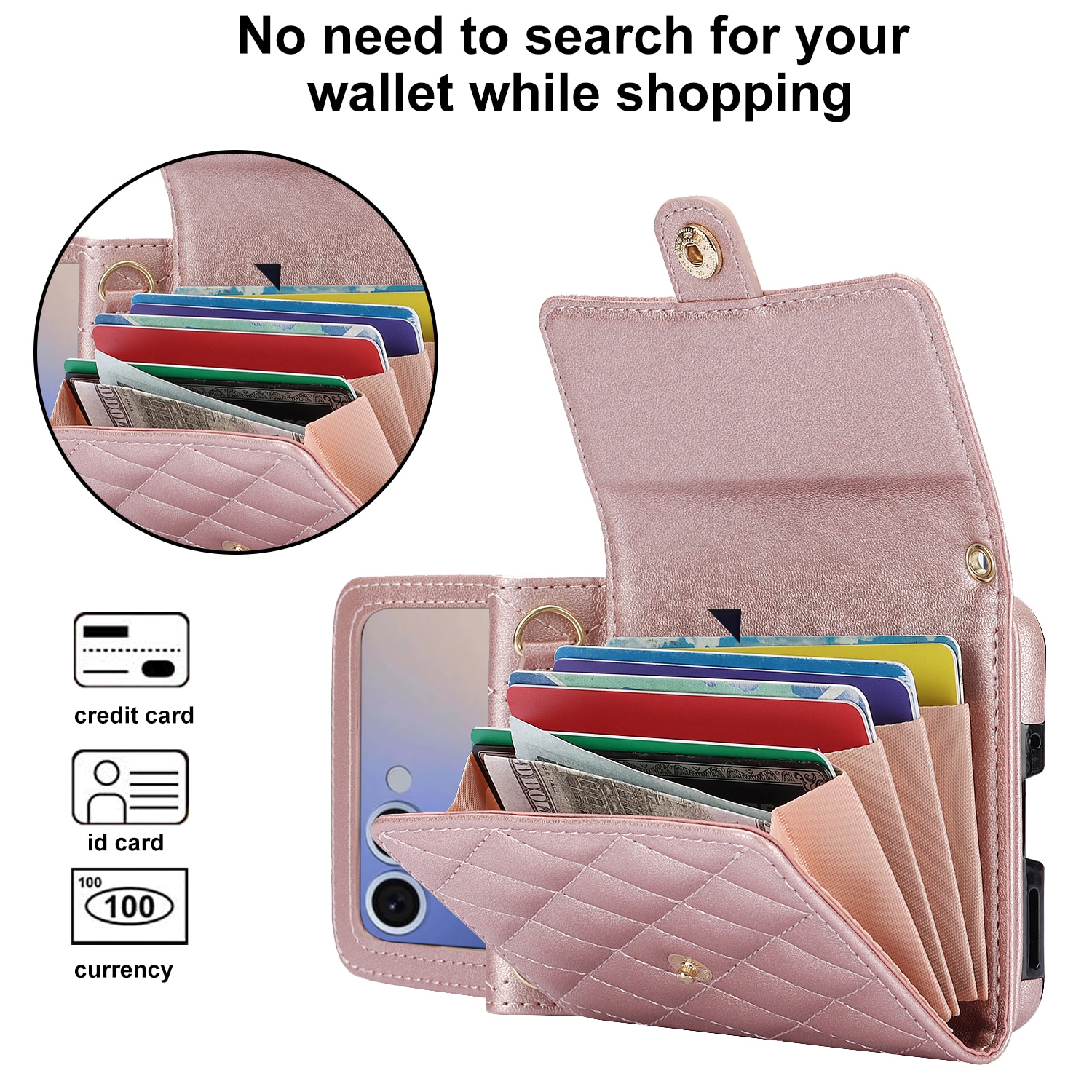 Samsung Galaxy Z Flip 7 RFID blocking Portemonnee tas Quilted Rosé goud