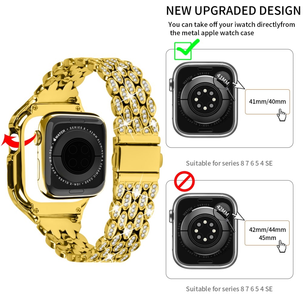 Apple Watch 41mm Series 7 Case + Metalen bandje Rhinestone goud