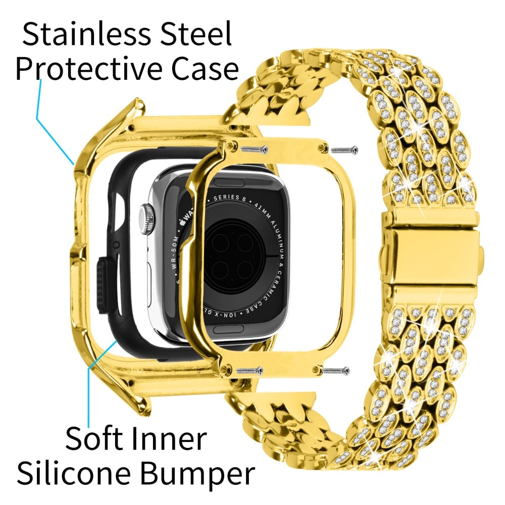 Apple Watch 41mm Series 9 Case + Metalen bandje Rhinestone goud
