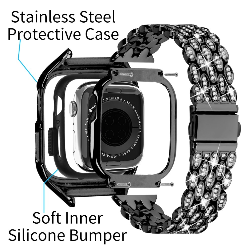Apple Watch 41mm Series 8 Case + Metalen bandje Rhinestone zwart