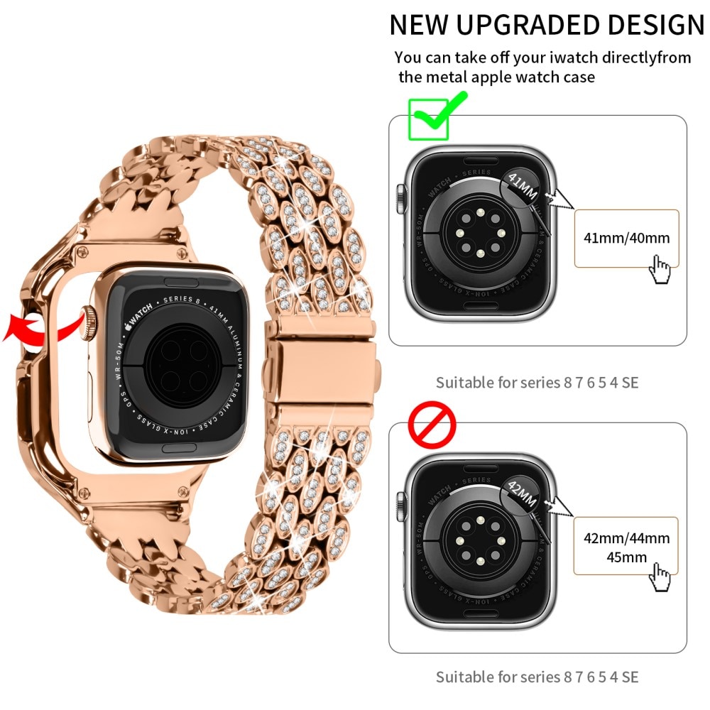 Apple Watch 41mm Series 7 Case + Metalen bandje Rhinestone rosé goud