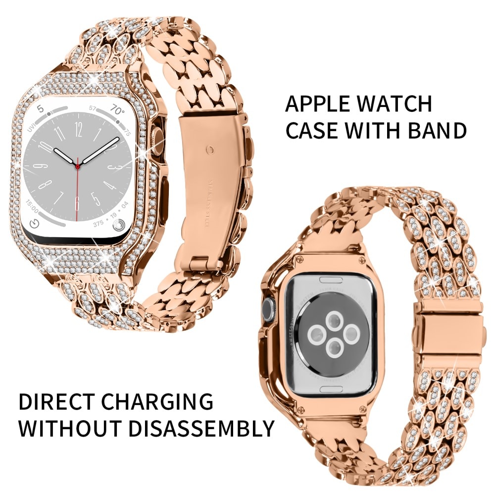 Apple Watch 41mm Series 9 Case + Metalen bandje Rhinestone rosé goud