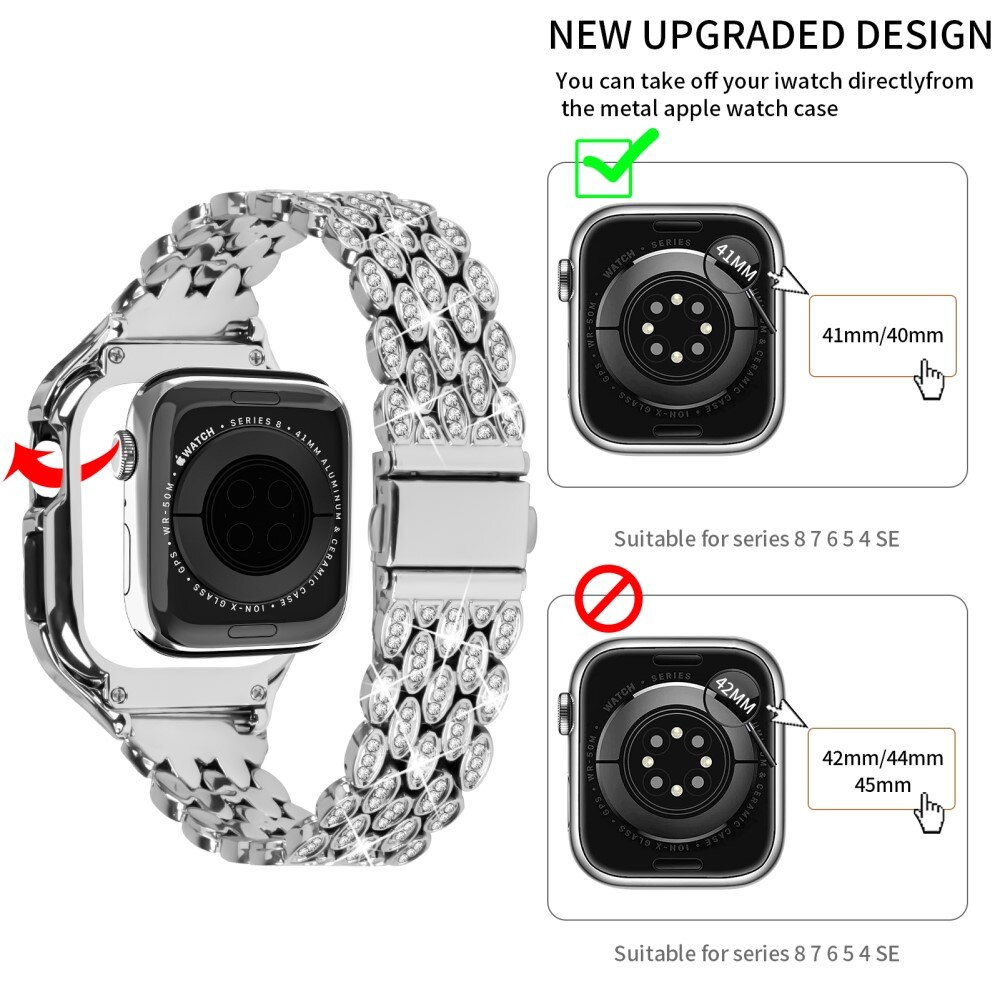 Apple Watch 41mm Series 9 Case + Metalen bandje Rhinestone zilver