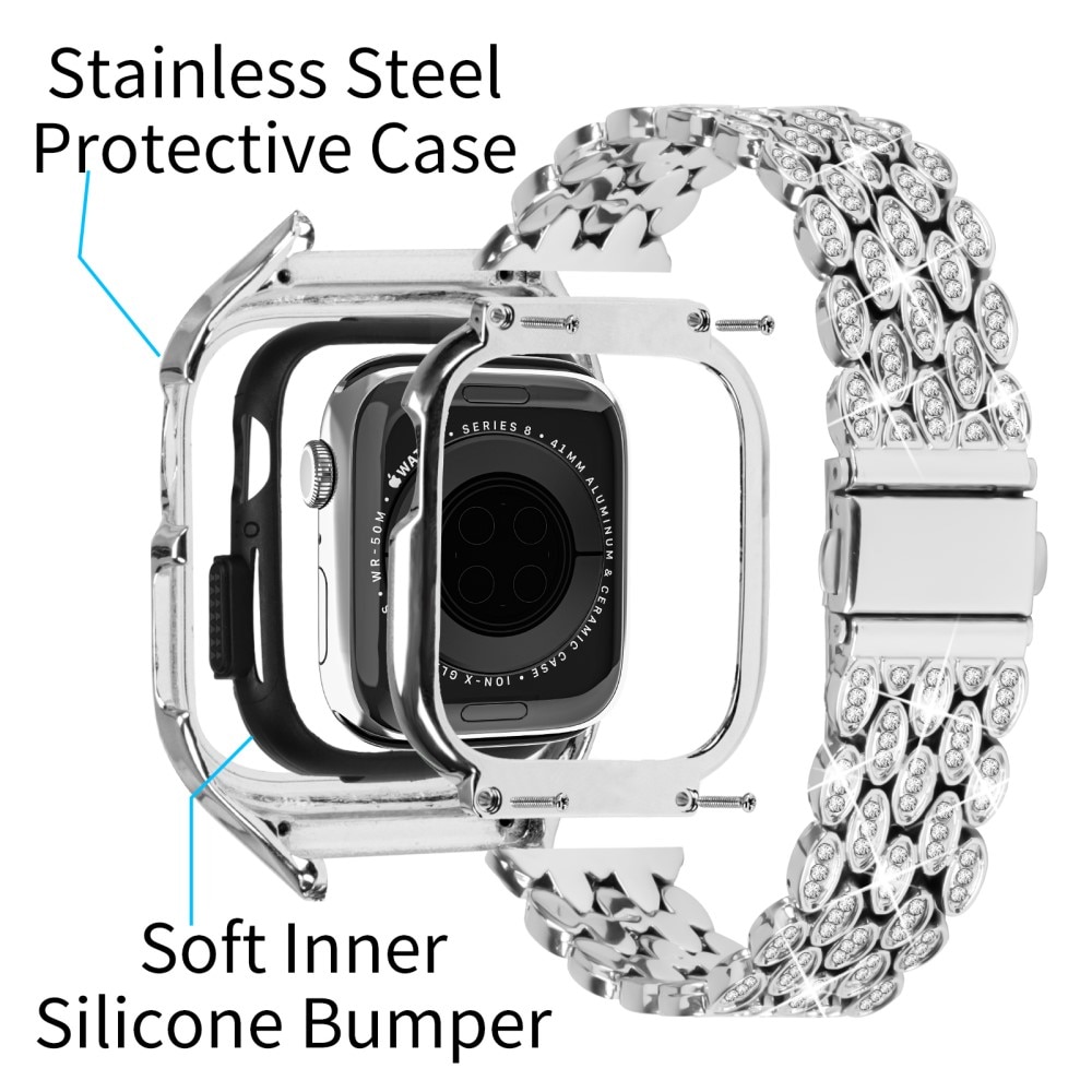 Apple Watch 41mm Series 8 Case + Metalen bandje Rhinestone zilver