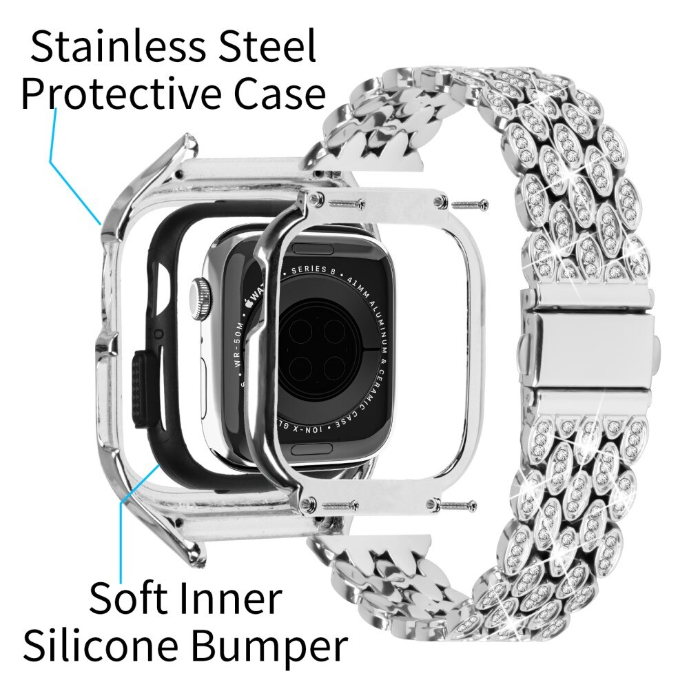 Apple Watch 41mm Series 7 Case + Metalen bandje Rhinestone zilver