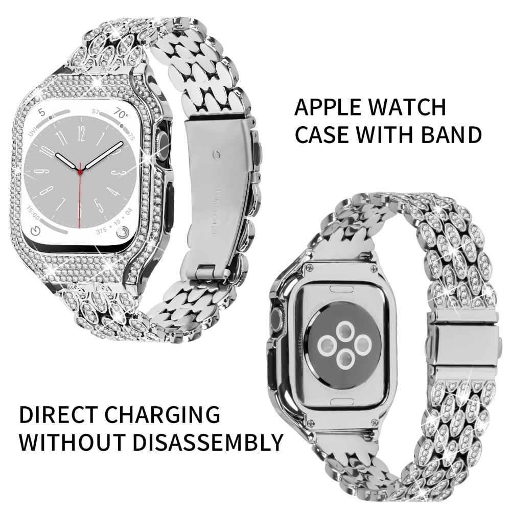 Apple Watch 41mm Series 9 Case + Metalen bandje Rhinestone zilver