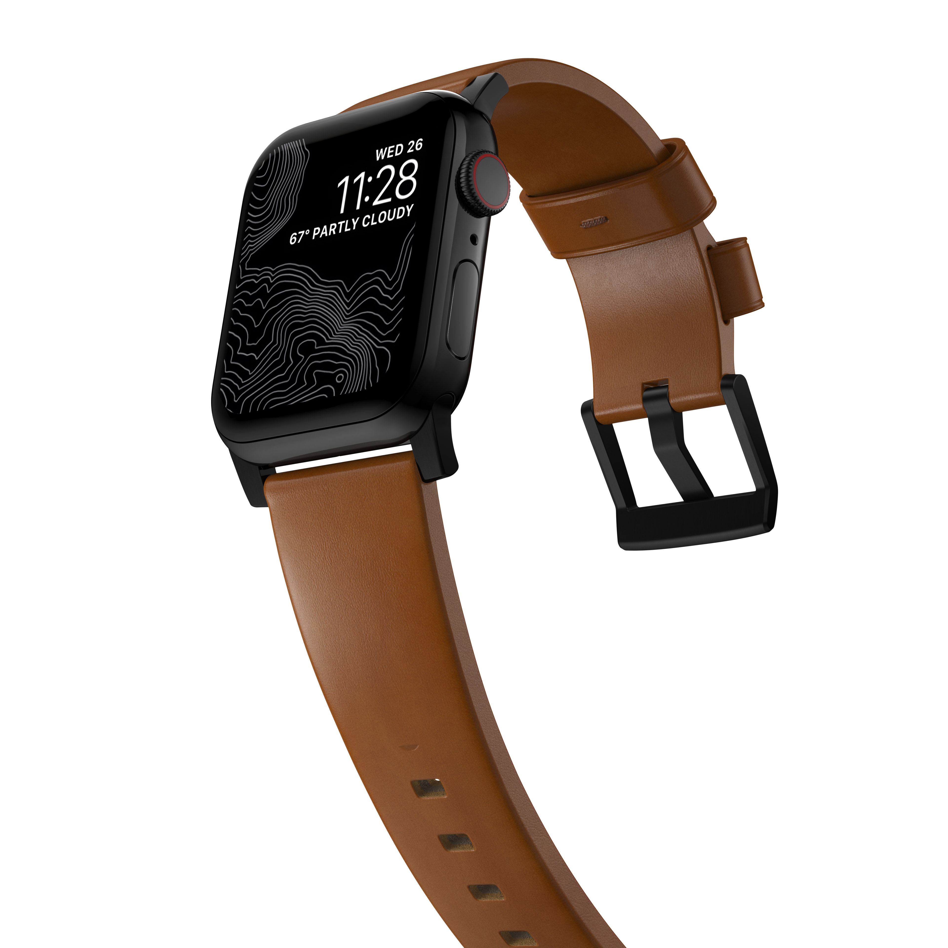 Modern Leather Band Apple Watch SE 44mm English Tan (Black Hardware)