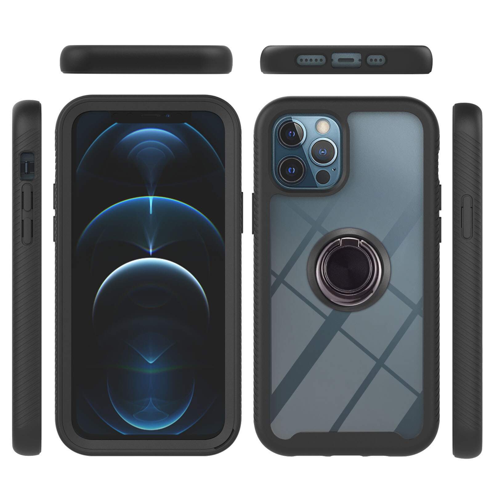 iPhone 12/12 Pro Full Cover Hoesje met ringhouder zwart