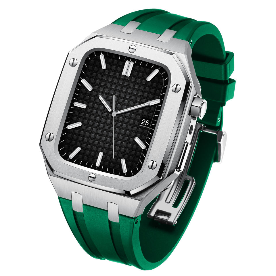 Apple Watch 45mm Series 8 Full Metal Siliconen Armband zilver/groen