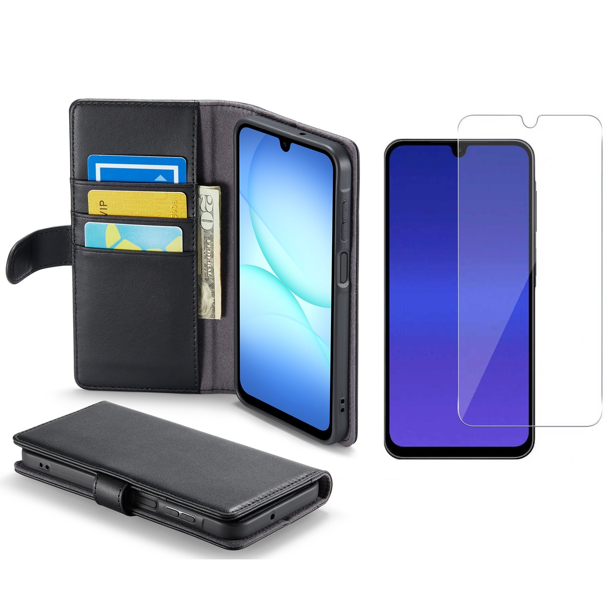 Samsung Galaxy A17 Set lederen hoesje en Screenprotector van glas Zwart