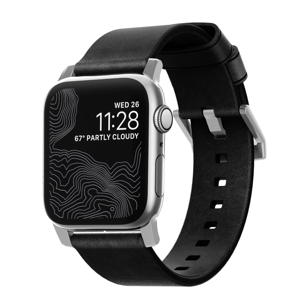 Modern Band Horween Leather Apple Watch 45mm Series 8 Black (Silver Hardware)