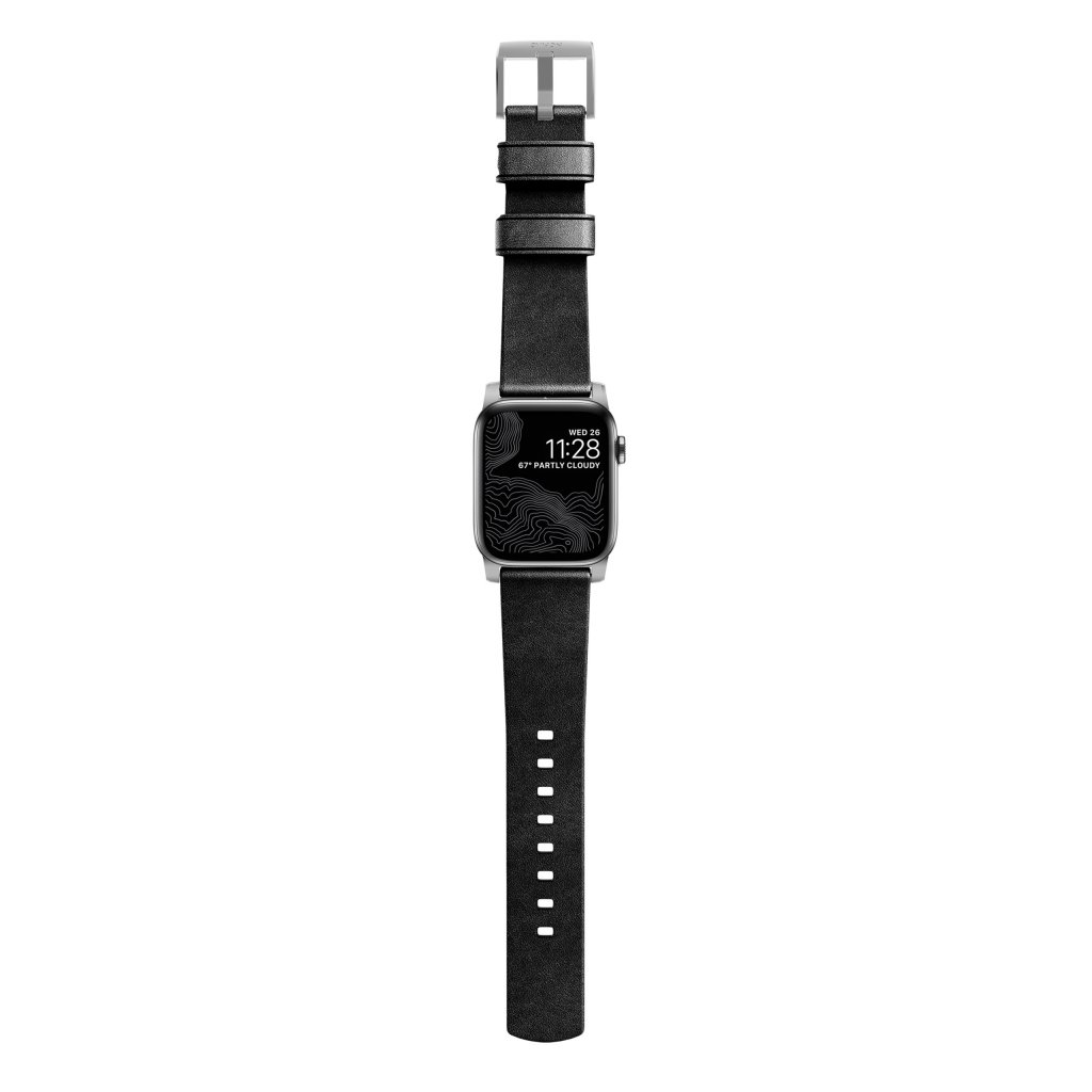 Modern Band Horween Leather Apple Watch 45mm Series 9 Black (Silver Hardware)