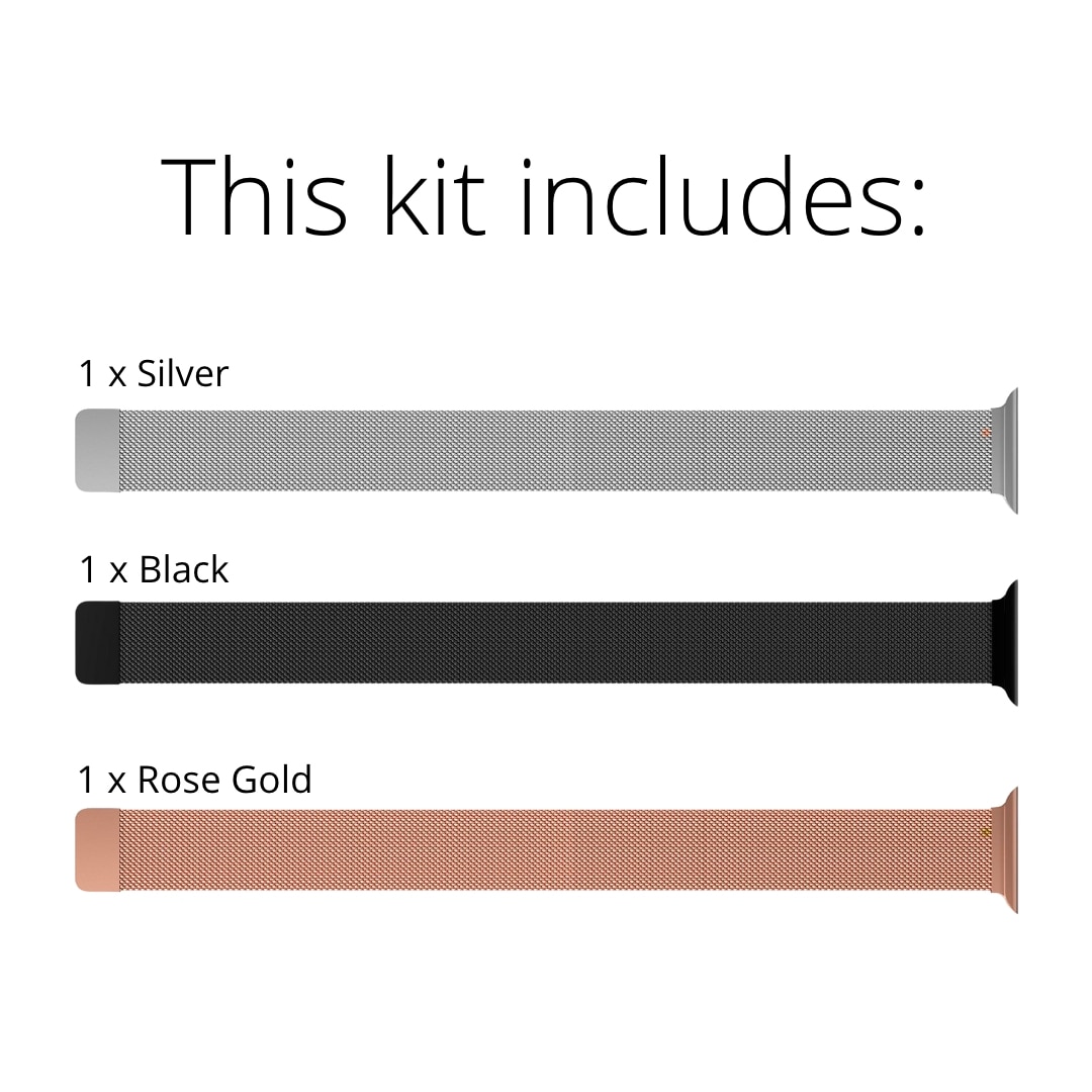 Apple Watch 45mm Series 9 Kit Milanese bandje zwart, zilver, roségoud
