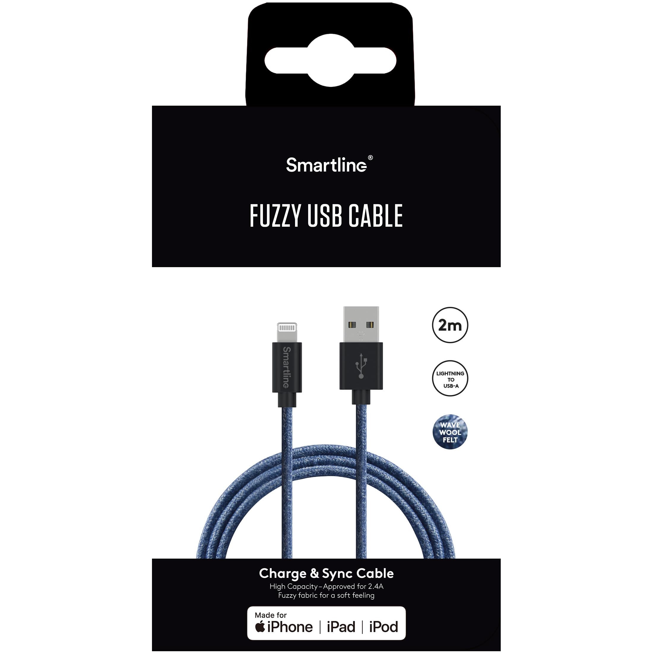 Fuzzy USB-kabel Lightning 2m Blauw