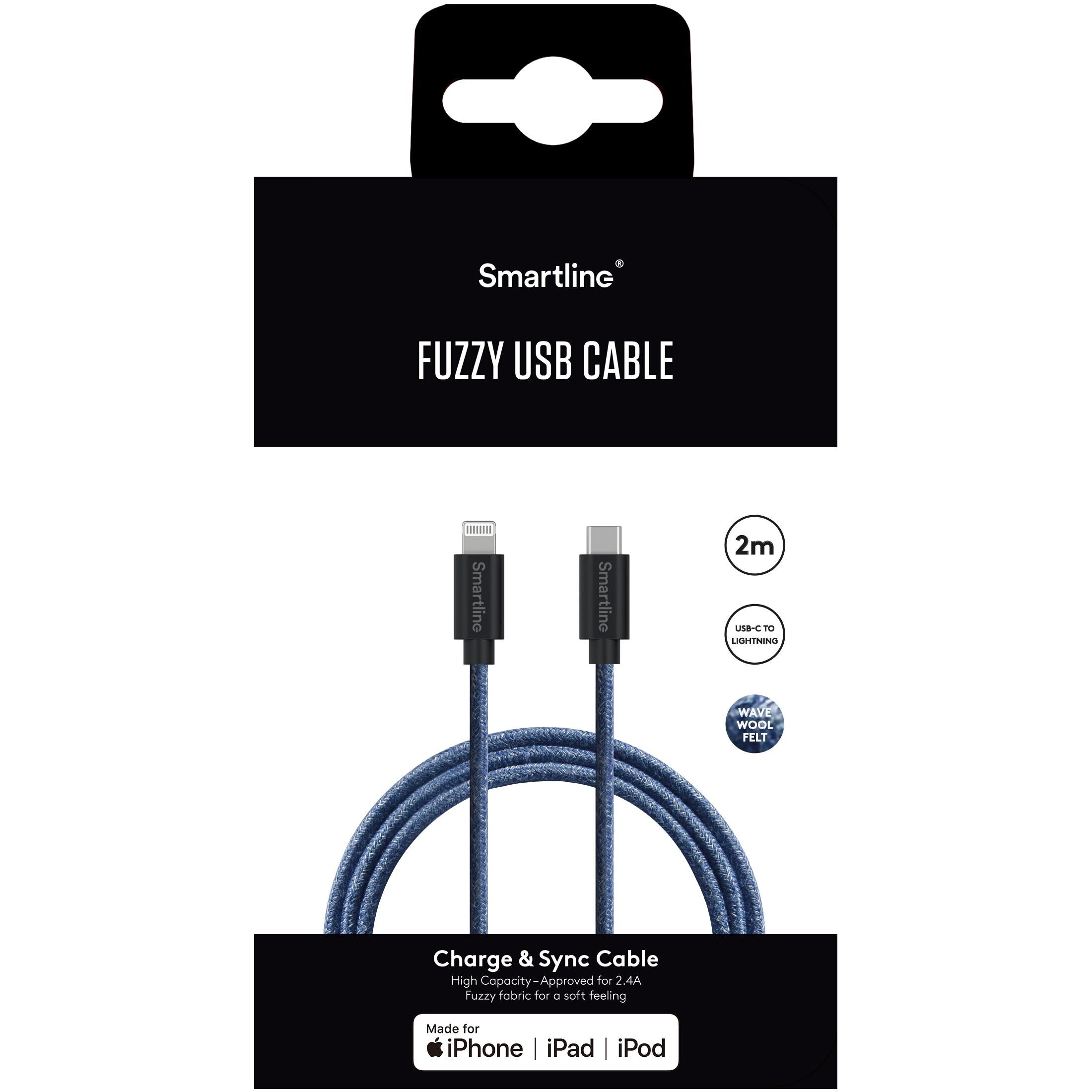 Fuzzy USB-kabel USB-C -> Lightning 2m Lightning Blauw